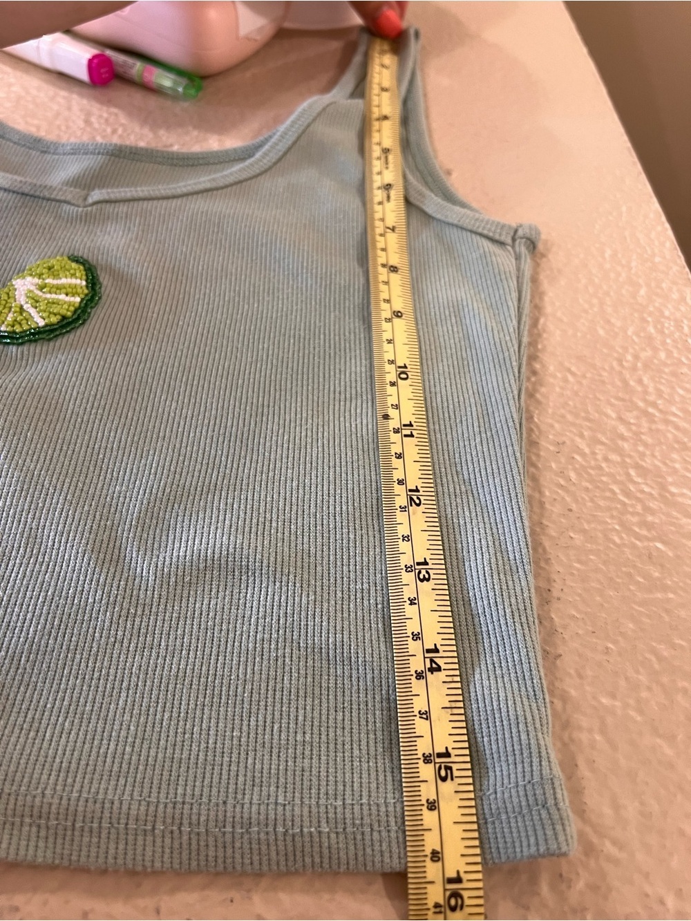 Y2K Ribbed Tank Top Lime Beaded Detail Sage Green Crop Stretch - Picture 6 of 6